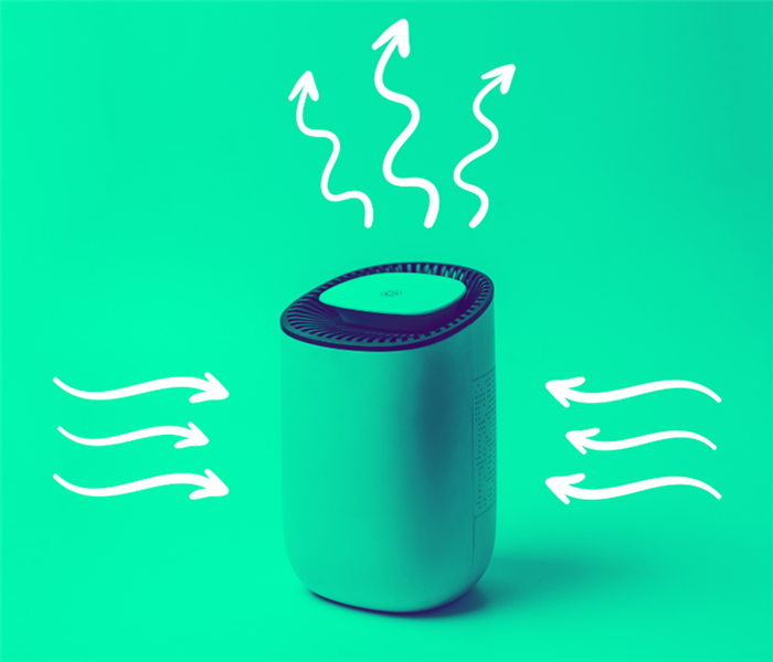 Small dehumidifier on green background with arrows showing air flow